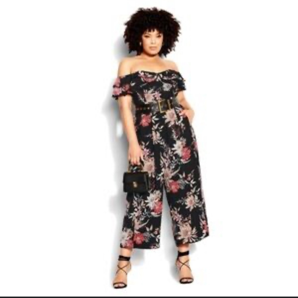 City Chic Black and Pink Floral Jumpsuit Wide-Leg